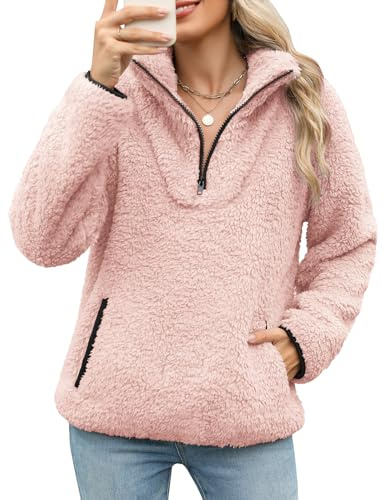 Tuopuda Womens Zip Up Fleece Sweatshirt Lightweight Ladies Casual Sweater Pullover Teddy Fluffy Cozy Tops Spring Fall Winter Fleece Jacket with Pockets(Pink,M)