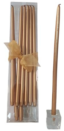 Set 12 candele oro a stelo 25 cm con 2 portacandela in vetro