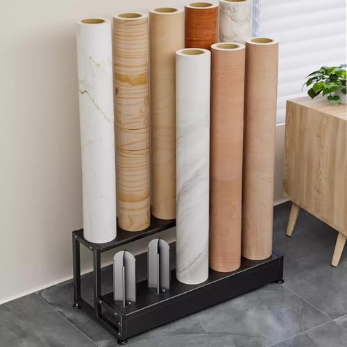 WDJBPSH Wallpaper Holder Woodgrain Sticker Display Stand, Commercial Roll Organizer Metal Storage Rack for Vinyl Roll, Tablecloth, PVC Film, Textile Fabric, Car Color Change Wrap(2-Tier)