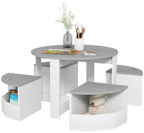 AIYAPLAY Set con Tavolo e Sgabelli per Bambini da 5 Pezzi, Set di Tavolo e Sedie con Vano Contenitore Salvaspazio in Legno, Grigio