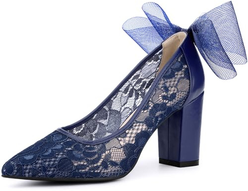Perphy Wedding Lace Heels Shoes with Bow Bridal Pointed Toe Block Pumps for Women Navy Blue 5 UK/Label Size 7 US