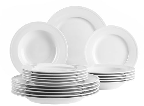 MÄSER Serie Arlona, juego de platos para 6 personas de porcelana de alta calidad, juego de 18 piezas, atemporal, elegante, porcelana, color blanco