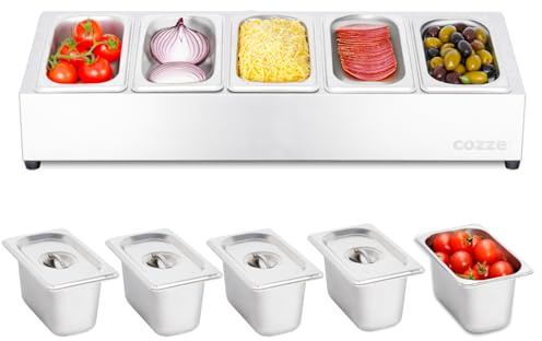 cozze® Pizza toppingstation – rostfritt stål ingrediensbehållare med lock för pizzasågar – professionell pizzauppsättning med 5 fack – pizzatillbehör för kök och gastronomi