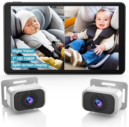 Tomoia Dual Baby Car Camera for Twins: 7 Inch IPS Split Screen, HD 1080P Night Vision, 360° Rotatable Rear-Facing Car Seat Monitor - Easy Install for Vehicles