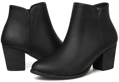 SHIBEVER Women's Ankle Boots Heel: Black Chunky Block Heels Slip On Almond Toe Boots Side Zip Leather Booties Size 10