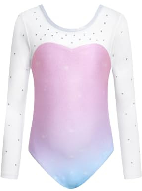 JiAmy Justaucorps de gymnastique à manches longues pour fille - Paillettes - Justaucorps de gymnastique pour fille de 3 à 12 ans, dégradé bleu poudré, 8-9 ans