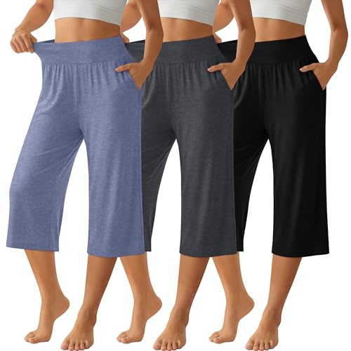 Neer Lot de 3 Pantalons Capri pour Femme, Jambes Larges, Taille Haute, Coupe Courte, Style décontracté d'été avec Poche(XL,Noir, Gris foncé, Bleu Brume)