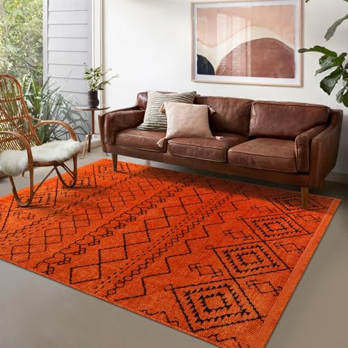 RUG WEAVERS Rugs Living Room - Machine Washable Rug, Low Pile Non-Slip Area Rug - Area Rugs for Livingroom Bedroom Kitchen - Pet Friendly Carpet, Modern Room Decor (Orange, 160X230)