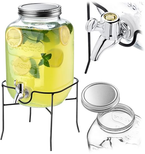 KADAX Distributore di bevande 4L con supporto, dispenser di succo in vetro, erogatore di acqua con rubinetto e coperchio, distributore di limonata, dispenser per bevande fredde (modello 3)