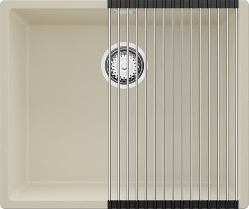 PRIMAGRAN Lavello sottotop Beige 56x47cm, Lavandino in Granito a 1 vasca + Set di accessori, Lavabo da Cucina al mobile 60cm - London S195