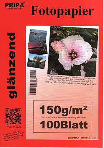 pripa 100 Blatt Fotopapier DIN A4, 150g/qm, high -glossy glaenzend -sofort trocken -wasserfest-hochweiß-sehr hohe Farbbrillianz, fuer InkJet Tinten Drucker