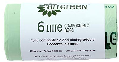 6 Litre x 50 All-Green Compostable Bags - Kitchen Caddy Liners - Food Waste Bin Liners - EN 13432-6L Bags with Composting Guide