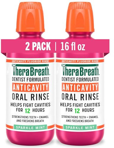 TheraBreath Anticavity Fluoride Oral Rinse Mouthwash, Fights Cavities, Strengthens Enamel and Freshens Breath, Dentist-Formulated, Alcohol-Free, Sparkle Mint Flavor, 16 fl oz, Pack of 2