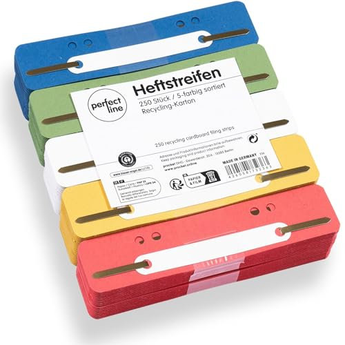 perfect line - 250 Heftstreifen Pappe, Aktendulli aus recycling Karton, 5 Farben, Abheftstreifen - made in Germany, Heftlaschen Blauer Engel zertifiziert