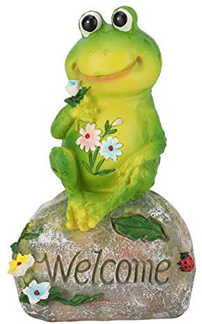 Rana verde sentada en una figura de piedra para decoración de césped, jardín, piscina, decoración de patio, adornos de resina, animal, mascota coleccionable personalizada para patio y jardín, decoraci
