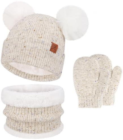 Toddler Infants Kids Winter Hats Gloves Scarfs Set Pompom Beanie Caps Mittens Neck Warmer with Fleece for 0 6 12 18 Months 1 2 3 4 Years Old Baby Girls Boys Gifts