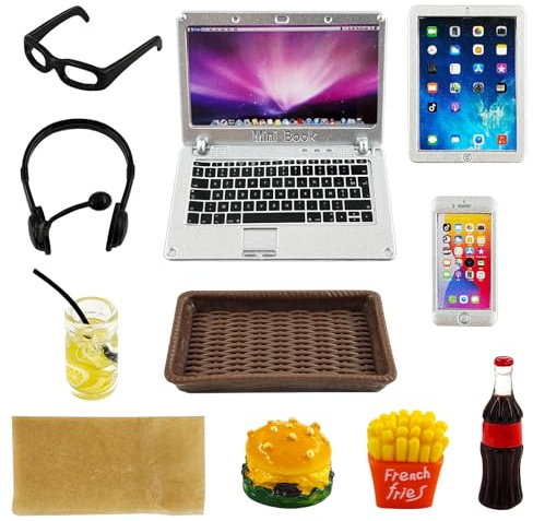 11 Stück Puppenhaus Lernen Zubehör,1:12 Metall Simulation Laptop Tablet Smartphone Mini,Mini Brille Hamburger Pommes Getränke Tablett,Puppenhaus Szene Simulation