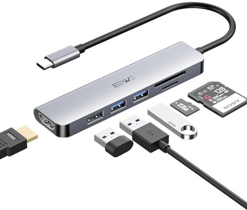 Adaptateur USB C，JESWO 6 en 1 Hub USB C HDMI 4K, Ports USB 3.0, Lecture de Carte SD/TF, Adaptateur Multiport Compatible avec MacBook Pro/Air, Mac M1,iPad Pro, Dell XPS Appareils Type-C...