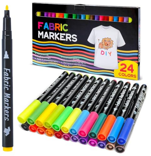 Siumir Textilstifte Waschmaschinenfest, 24 Textilfarbe, Waschfest Stoffmalstifte, Stofffarbe Textilmarker für Tshirts, Hut, Segeltuchschuhe, Einkaufstasche