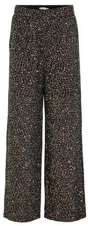 VILA Pantalon en Tissu pour Femmes avec Paillettes, élégant Pantalon Large Marlene Palazzo Style VISCARA, Couleurs:Noir, Taille:40