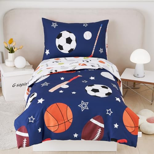 STYHO Navy Blue Duvet Cover Set Double Kids Ball Spots Printed Bedding Set Soft Reversible Cartoon Football Basketball Pattern Duver Set for All Season(Ball, Double)