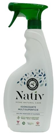 Nativ Igienizzante Multisuperficie 100% Naturale. Flacone da 750 ml. Igienizzante Liquido per la Casa con Olio di Eucalipto. Ideale per bagni, cucine e tutte le superfici domestiche.