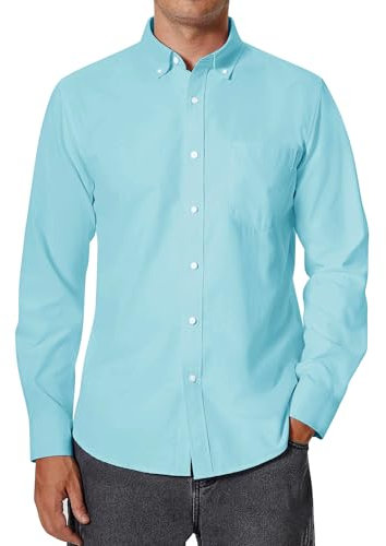 siliteelon Oxford Shirts for Men Casual Long Sleeve Smart Mens Fashion Button Down Shirt Regular Fit with Pocket Turquoise L