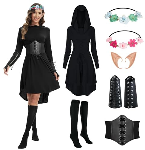 OPAEHJF Disfraz renacentista medieval con capucha para mujer, vestido gótico, vintage, victoriano, para Halloween, carnaval