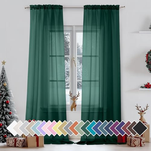 Aiyufeng Hunter Green Sheer Curtain Drapes 90 Inch Length 2 Panels for Living Room, Light Filtering Voile Green Drapes for Bedroom, Patio, Sliding Door, Each 42 W x 90 L