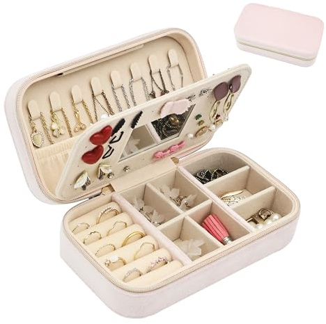 Boxudeli Travel Jewellery Box Small Jewellery Organiser Velvet Jewellery Storage for Earrings Rings Necklaces Bracelets Portable Jewellery Case for Women Girls (baby pink)