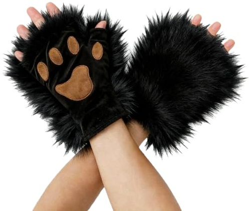 ITODA lurviga katttass djurhandskar tecknad björn tass klo handske vinter varma vantar halvfingerhandskar hårig handvärmare fest cosplay kostym handske för vuxna, Svart, M