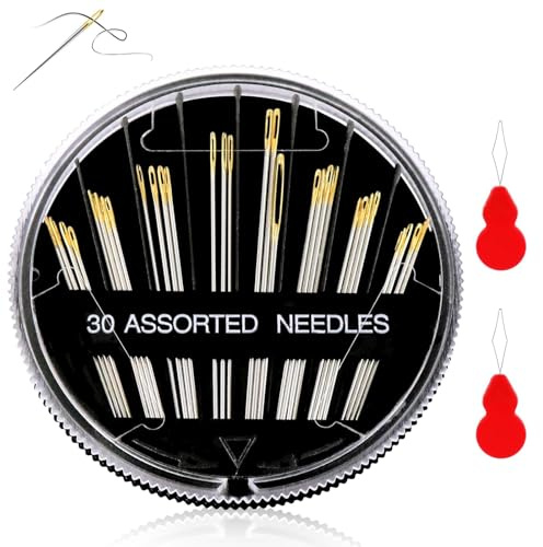 Hand Sewing Needles, Luoqun88 Handle Sewing Needle Set with 2 Red Needle Threaders, 30 Assorted Needles for Sewing, Embroidery Needles Suitable for Hand Sewing (Size 1.26'' -2.00'')