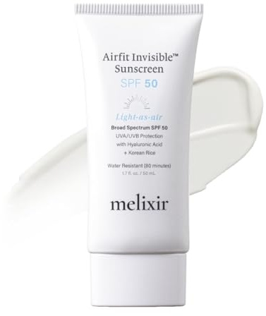 Melixir Airfit Invisible™ Sunscreen SPF 50, Broad Spectrum Korean Rice Sunscreen for Face, Hyaluronic Acid, Moisturizing Daily Protection for Sensitive Skin, No White Cast, Waterproof (1.7fl.oz./50ml)