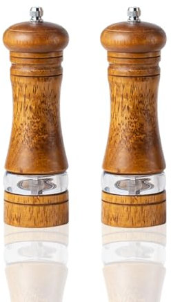 Juego de molinillos de sal y pimienta de madera de 6 pulgadas, dos piezas de madera de caucho natural, grosor ajustable, acero inoxidable y cerámica, ideal para especias y condimentos, perfecto para