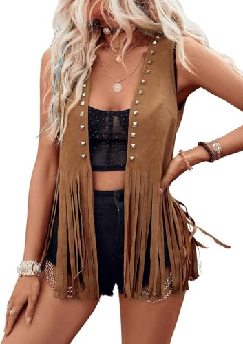 LYSINK Dam tofs väst 70-tal hippie cowgirl western falsk mocka nitar ärmlös frans väst streetwear ytterkläder