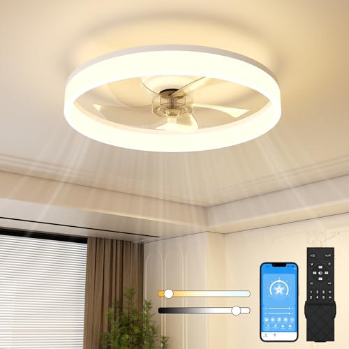 NIORSUN 50CM LED Ceiling Light with Fan and Remote & APP Control, Flush Mount Ceiling Fan, Stepless 6 Speeds,Quiet Dimmable Ceiling Light for Living Room（White）