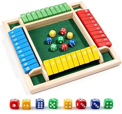 CHUANFU Jeu de Dés en Bois, Shut The Box 4 Joueurs avec 8 Dés, Classique Jeux de Société en Bois pour Adultes et Enfants, Jeux de Table Mathématiques pour Salle de Classe Maison Fête (Multicolore)