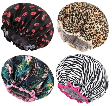 Aurafly 4 Pezzi Cuffia da Doccia a Doppio Strato, Riutilizzabile Impermeabile Grande Shower Caps con Volant per Coprire le Orecchie, in Raso, Capelli Protezione per Donna Doccia Spa Salon Bagno Uso