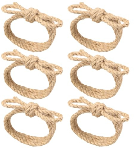 6 Pcs Jute Rope Bow Napkin Rings Handmade Burlap Serviette Holders | Napkins Buckle Natural Farmhouse Table Decoration for Dinner Parties Wedding Thanksgiving Valentine Day Anniversary Events
