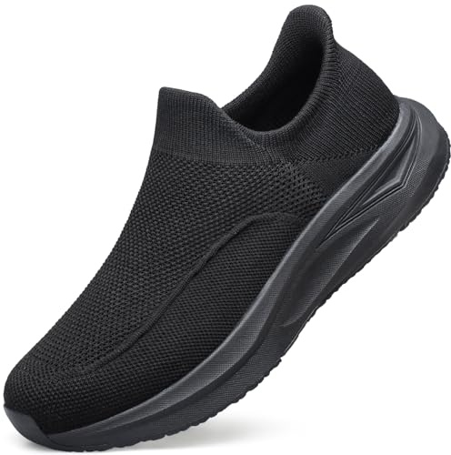 HOIYHEK Mens Slip On Trainers Walking Running Shoes Lightweight Breathable Tennis Shoes Casual Soft Mesh Sneakers Black Size 10
