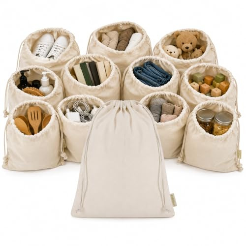 Pack 10 Bolsas de Tela de Algodón Natural de 34x42cm Reutilizables con Cierre de Cuerda | Bolsa Tela estilo tote bag Multiusos para Regalos, Organización o Ropa | Se pueden usar para pintar. (Pack 10)