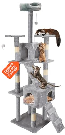Tiragraffi XXL 170cm con Doppia Cuccia per Gatti Adulti, Albero Giochi in Sisal e Peluche, Piatteforme Relax, Ampio e Sicuro per il Massimo Divertimento dei Gatti Grigio