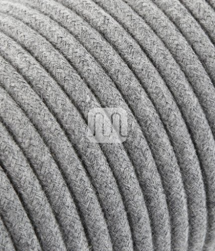 Cable eléctrico redondo revestido de tela de color gris con hilo crudo de 10 metros de 2 x 0,75 m para lámparas, lámparas de techo, diseño fabricado en Italia.