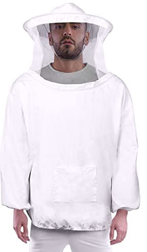 Flexzion Imkerjacke – Leichte Schutzjacke für Imker mit Rundschleier, elastischem Bund & Ärmelbündchen – Weiße Überziehjacke, Unisex Größe XL