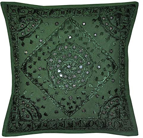 Radhykrishnafashions Indian - 16X16 Mirror Embroidered Decorative Sofa Throw Pillow Cushion Cover Boho Bohemia (DARK GREEN)