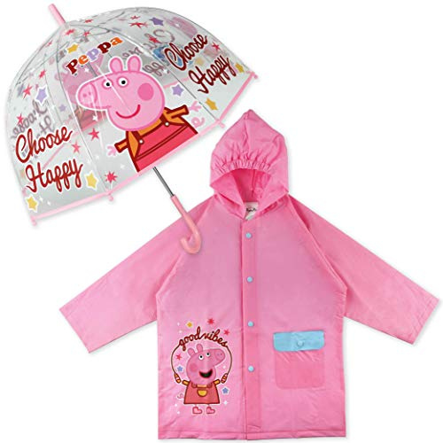 Paraguas Transparente Infantil y Chubasquero Pack Peppa Pig – Paraguas Infantil Burbuja y Chubasquero Niña Impermeable con Capucha | Ropa de Agua Impermeable Rosa Niñas para Vuelta al Cole