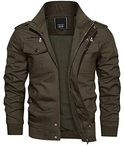 KEFITEVD Övergångsjacka för män, lätt vinterjacka, höstjacka, med ståkrage, bomberjacka, bomull, army, fältjacka, cargojacka, Blouson, windbreaker, kaffe, 3XL