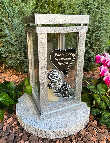 Grablampe Grablicht Laterne in Silber mit Rose und Herz mit Text - Kerze Grabkerze Grabdekoration 27 cm H. Grabschmuck Neue Model ohne Sockel.