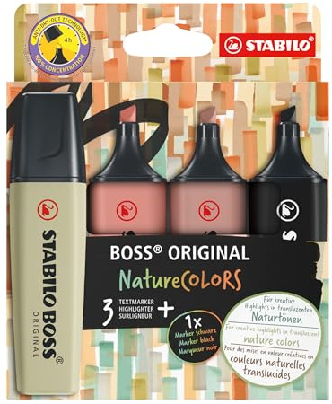 STABILO - Textmarker - BOSS ORIGINAL NatureCOLORS | 4er Pack, schlammgrün, siena, umbra, schwarz