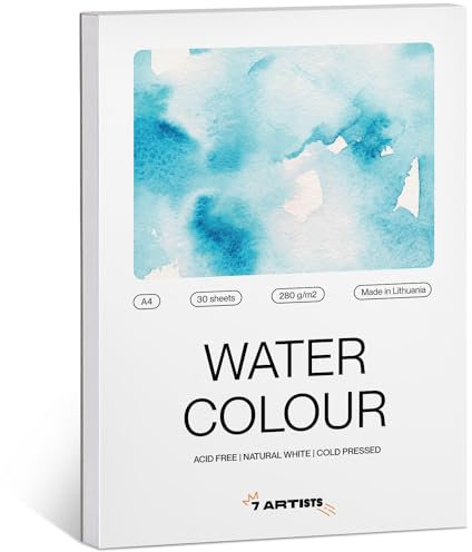 7 Artists Premium Aquarellpapier A4 280 g – made in EU - Weiß 30 Blatt Aquarellblock A4 - Aquarell Papier, Wasserfarben Papier, Malblock Dickes Papier für Aquarellmalerei, Aquarell Skizzenbuch
